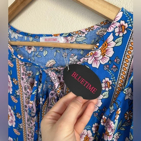 NWT Bluetime Summer Dress Boho V Neck 3/4 Sleeve Babydoll Floral Viscose Sz XL - Picture 6 of 13